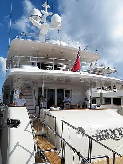 a large white ship with a satellite on top aboard MY AURORA Yacht for Sale