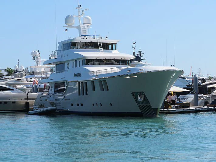 a large white boat in the water aboard MY AURORA Yacht for Sale