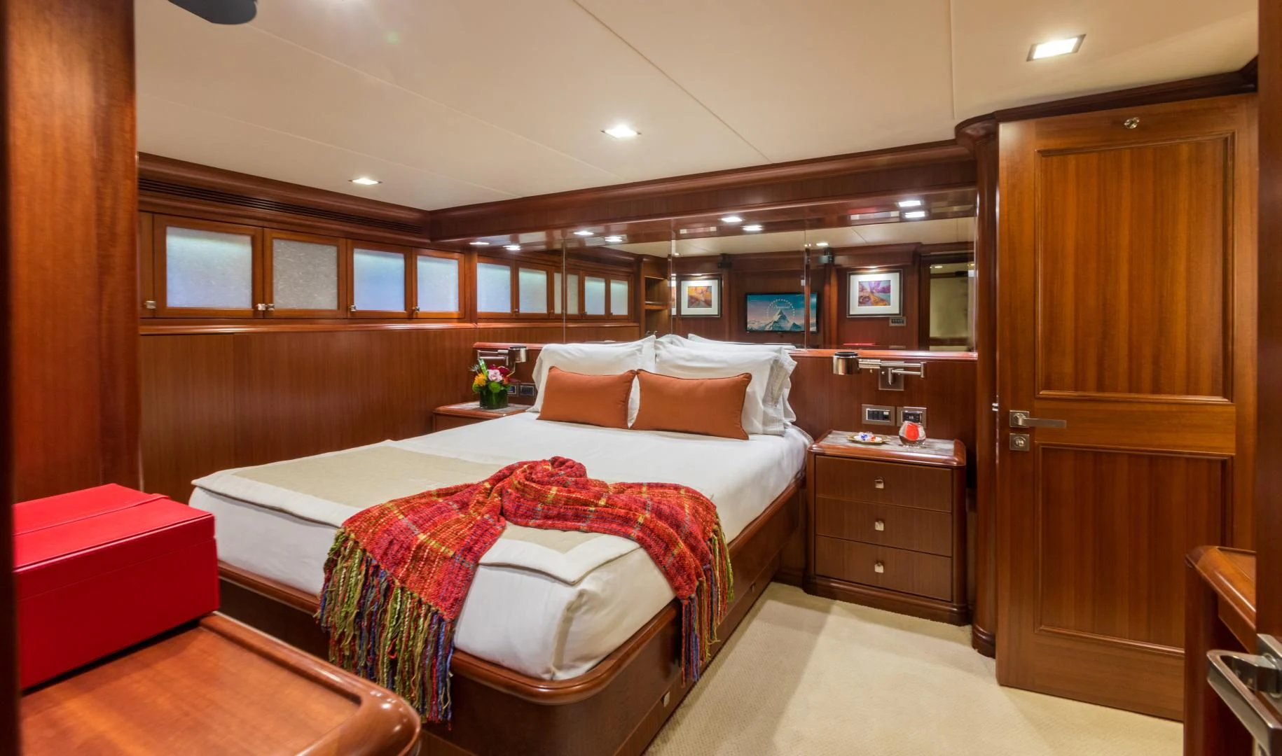 a bed in a room aboard MY AURORA Yacht for Sale