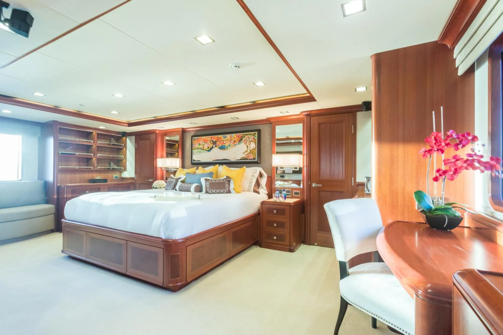 a large bedroom with a large bed aboard MY AURORA Yacht for Sale