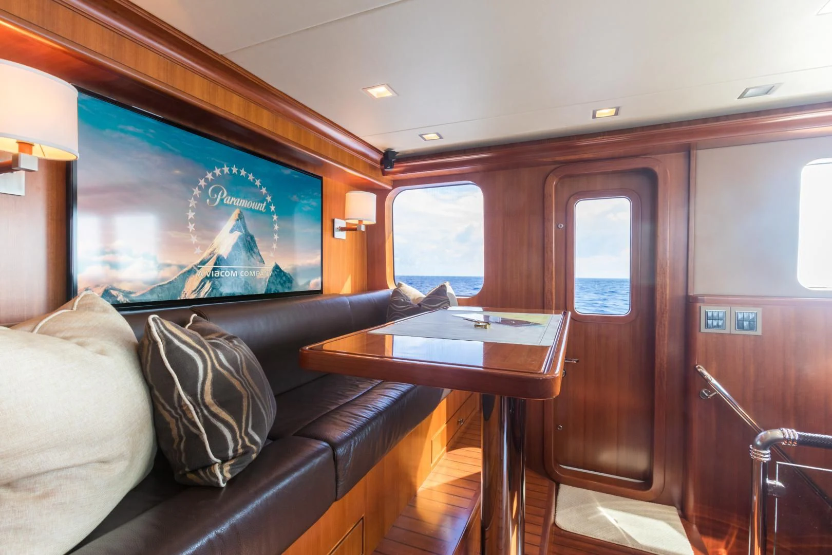 a train with a tv on the wall aboard MY AURORA Yacht for Sale