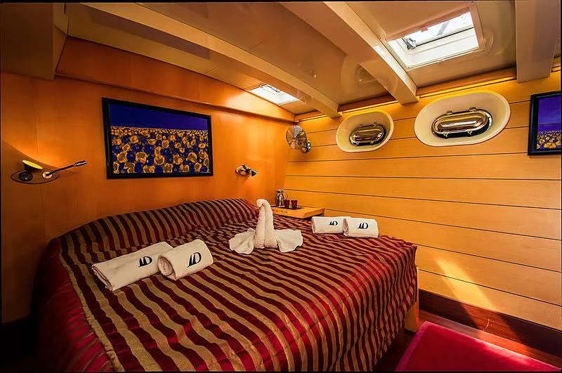 a bed with a checkered blanket aboard DOUCE FRANCE Yacht for Sale