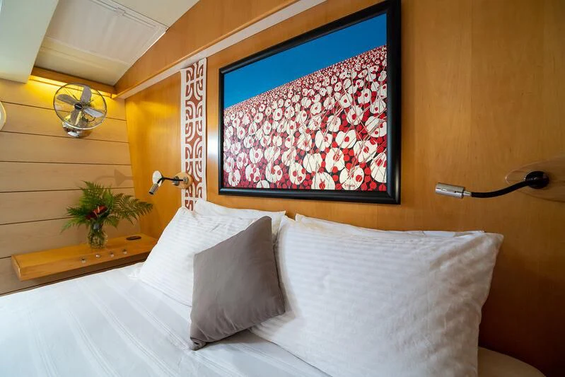 a bed with a painting on the wall aboard DOUCE FRANCE Yacht for Sale