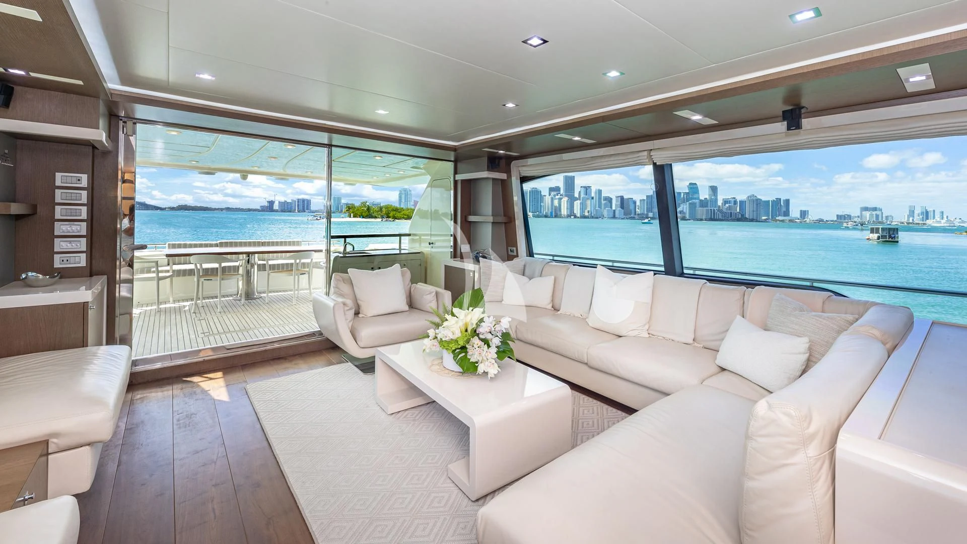 a living room with a large window aboard HOYA SAXA Yacht for Sale