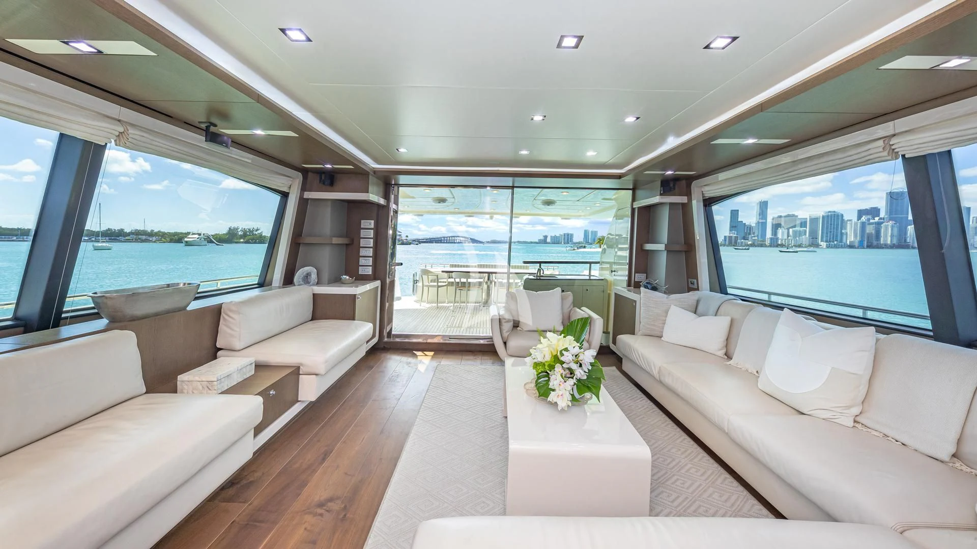 a living room with a large window aboard HOYA SAXA Yacht for Sale