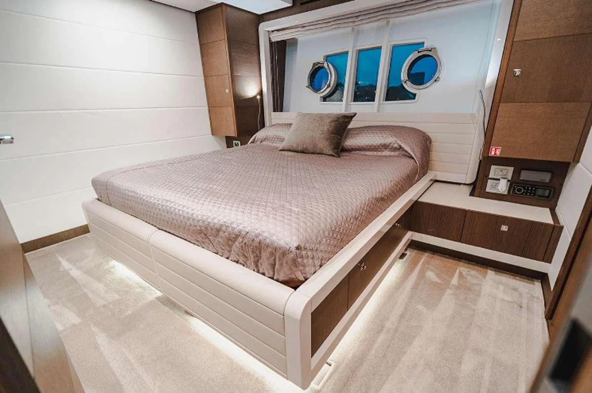 a bed in a room aboard HOYA SAXA Yacht for Sale