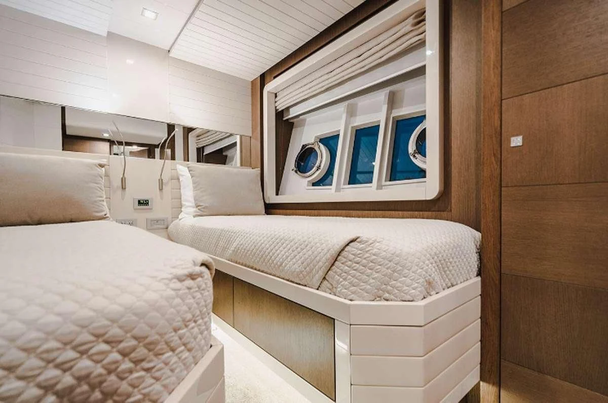 a room with two beds aboard HOYA SAXA Yacht for Sale