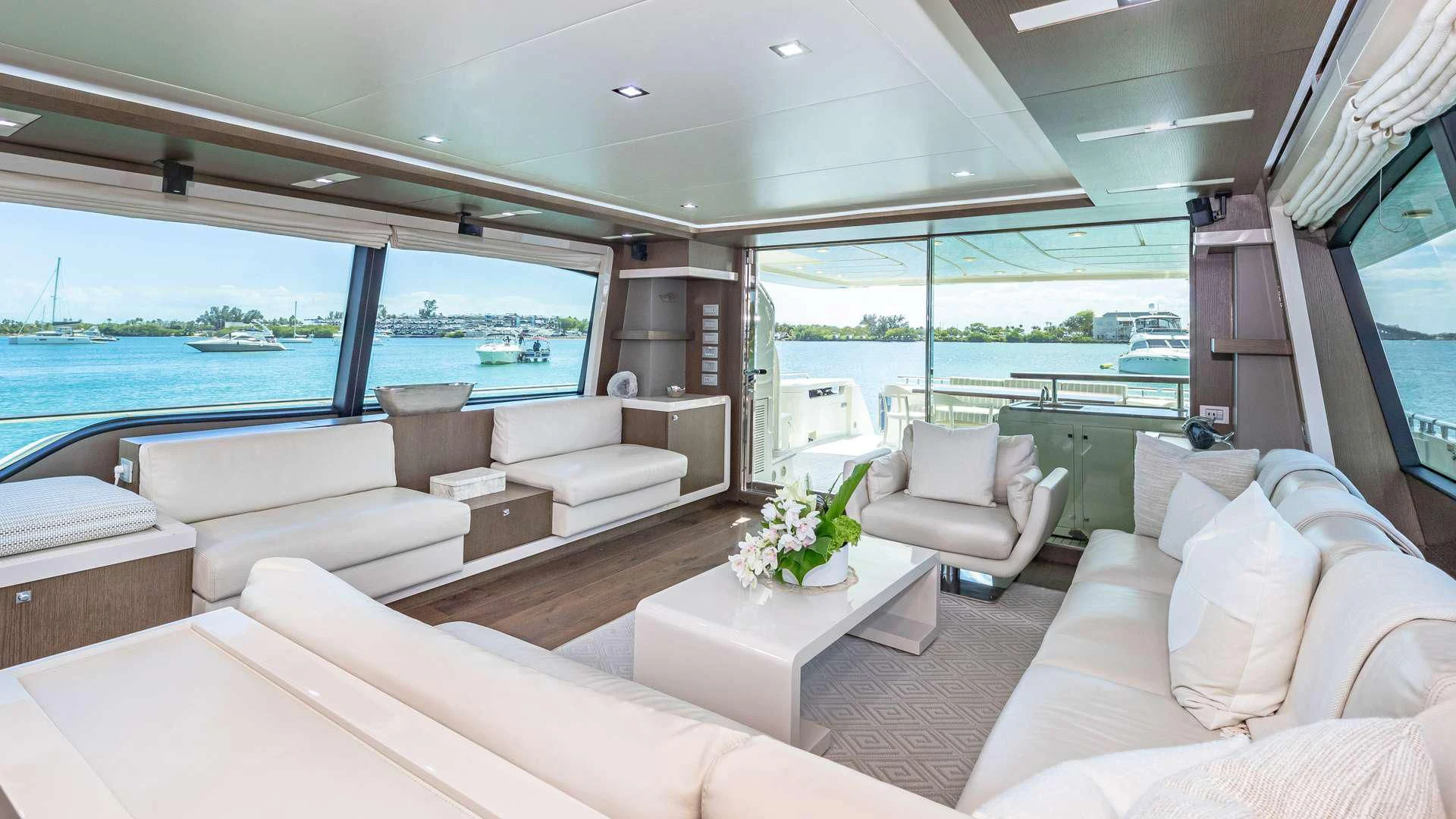 a living room with a large window aboard HOYA SAXA Yacht for Sale