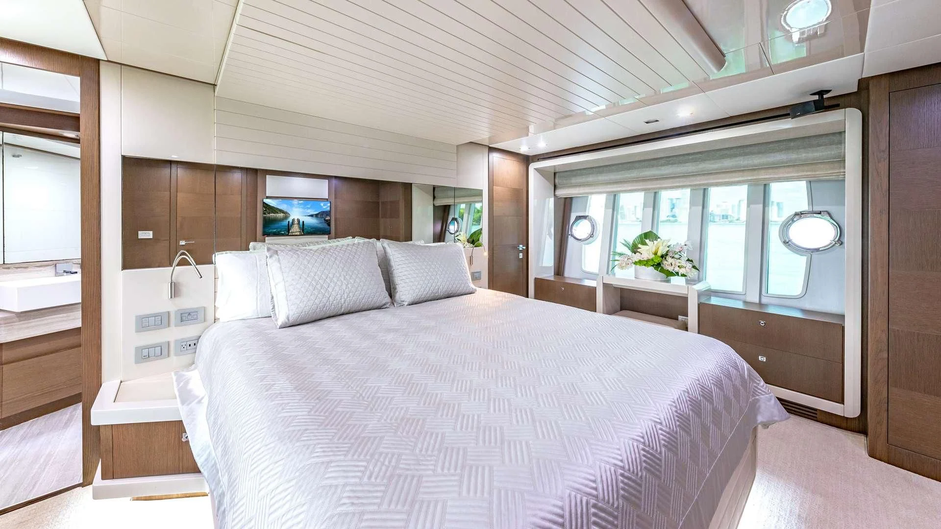a bed in a room aboard HOYA SAXA Yacht for Sale