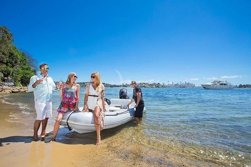 a group of people on a beach aboard LADY PAMELA Yacht for Sale