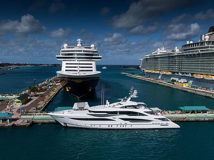 a large white ship in the water aboard GALVAS Yacht for Sale
