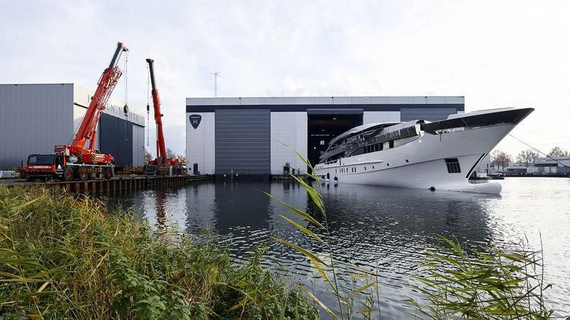 a boat docked at a pier aboard GALVAS Yacht for Sale