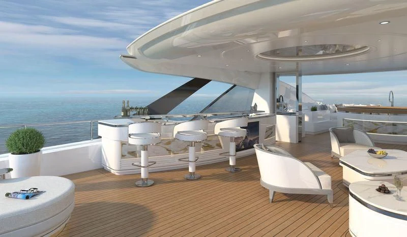 a room with a table chairs and a large window overlooking the ocean aboard GALVAS Yacht for Sale