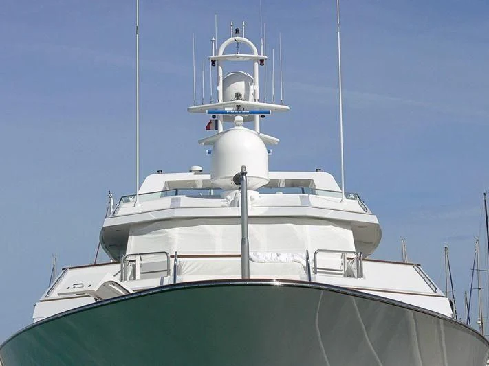 a white boat with a blue sky aboard LORETTA Yacht for Sale