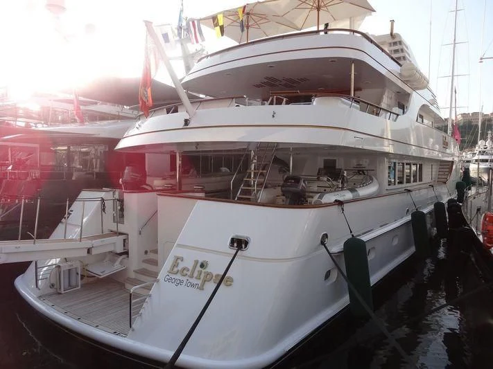 a white boat docked aboard LORETTA Yacht for Sale
