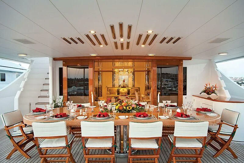 a large room with tables and chairs aboard LORETTA Yacht for Sale