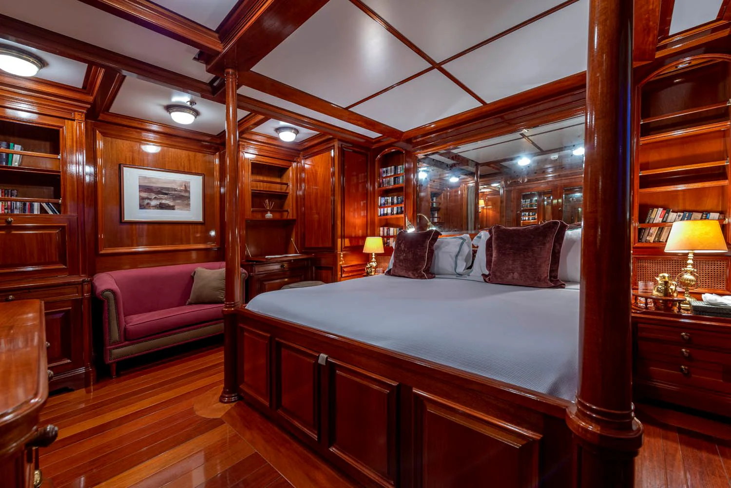 a bed in a room aboard STEEL Yacht for Sale