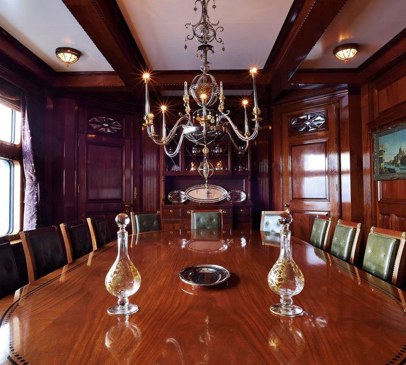 a large chandelier in a room aboard STEEL Yacht for Sale