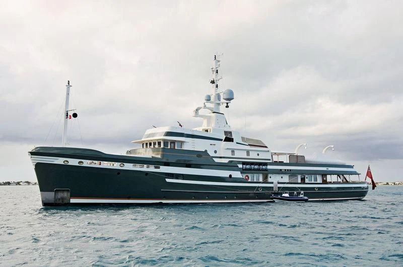 a large ship in the water aboard STEEL Yacht for Sale
