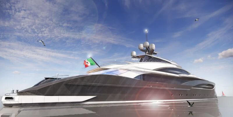 a large white yacht with a flag on the front aboard MADDAM C Yacht for Sale