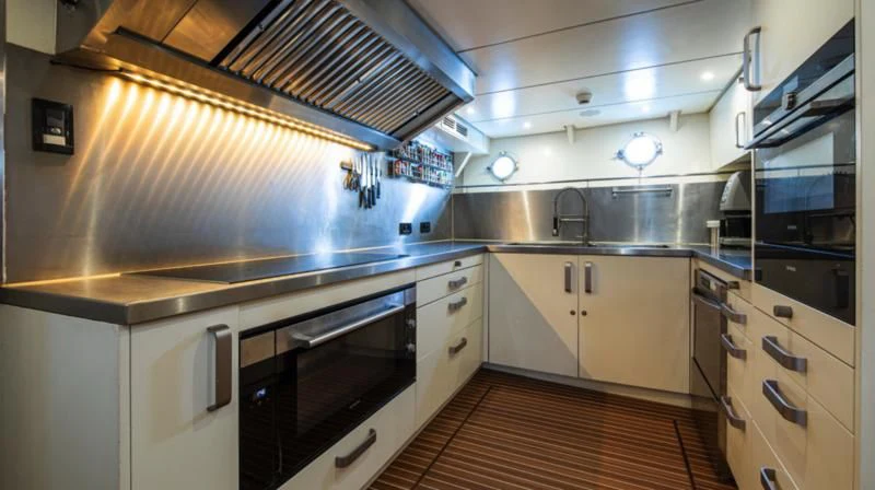 a kitchen with white cabinets aboard SANTA MARIA Yacht for Sale