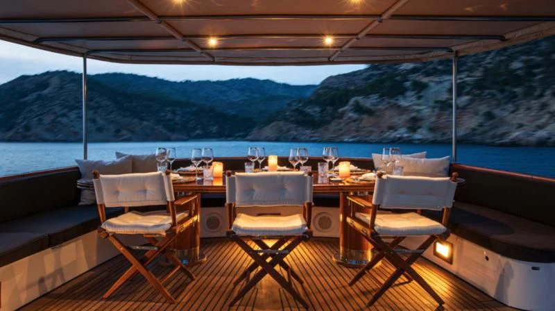 a table with glasses on it aboard SANTA MARIA Yacht for Sale