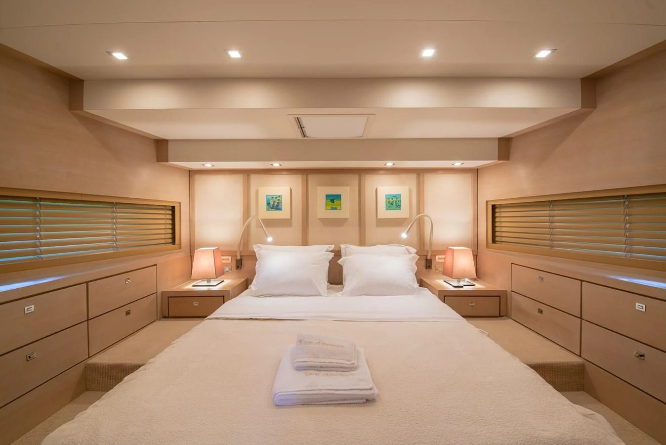 a large bed in a room aboard SUN ANEMOS Yacht for Charter