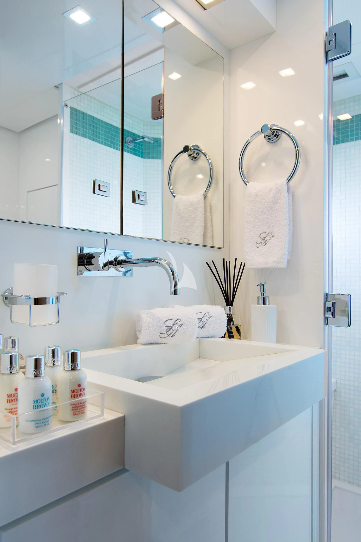 a bathroom with a large mirror aboard SUN ANEMOS Yacht for Charter