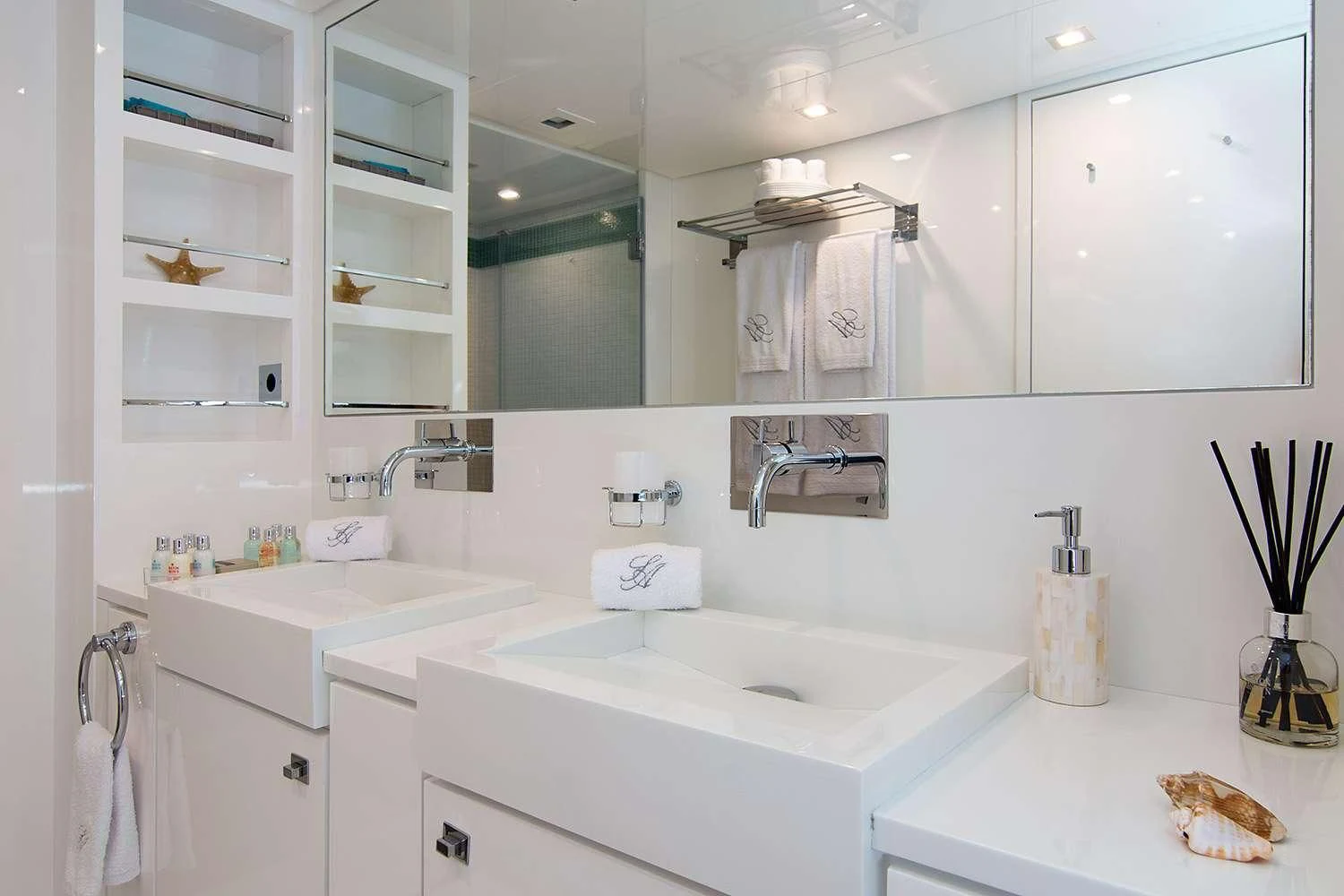 a bathroom with a large mirror aboard SUN ANEMOS Yacht for Charter