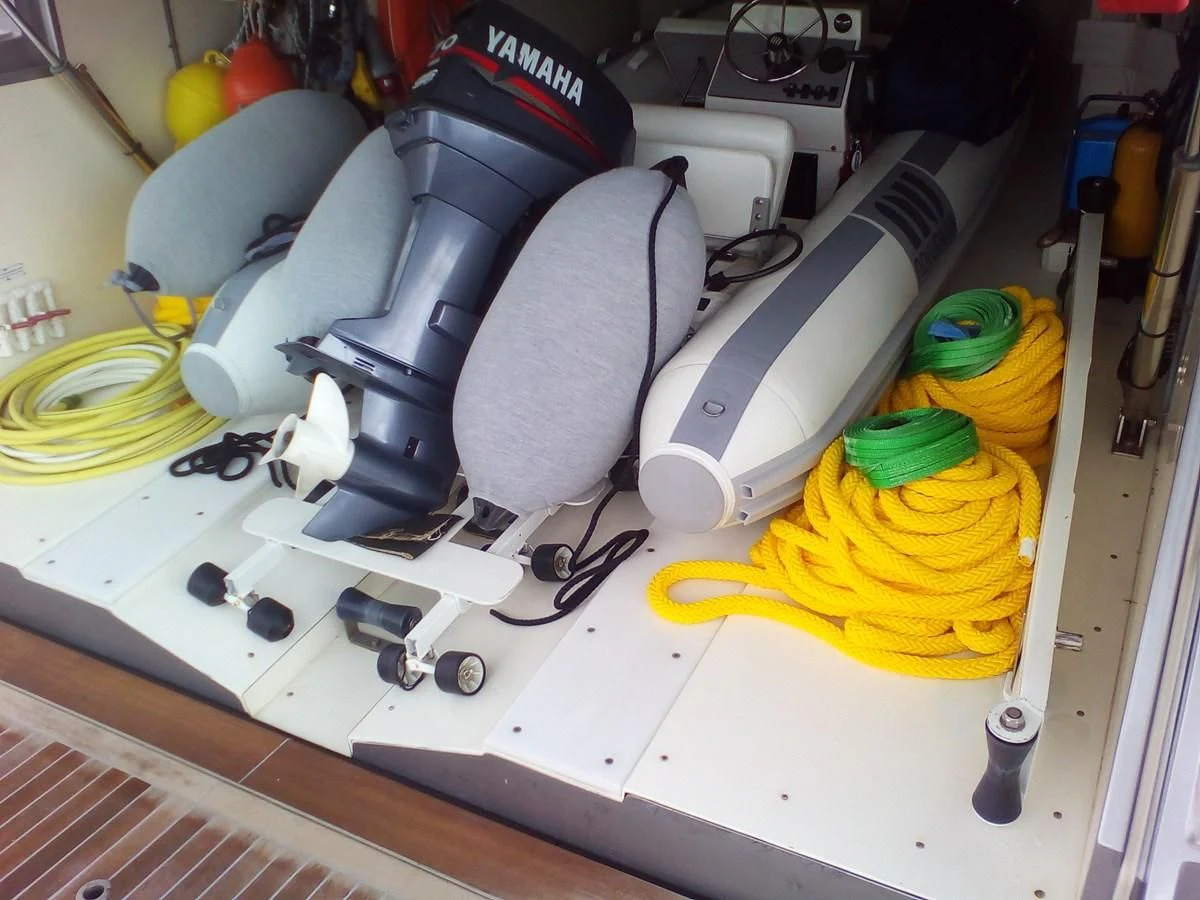 a group of black and white tires on a white surface aboard SUN ANEMOS Yacht for Charter