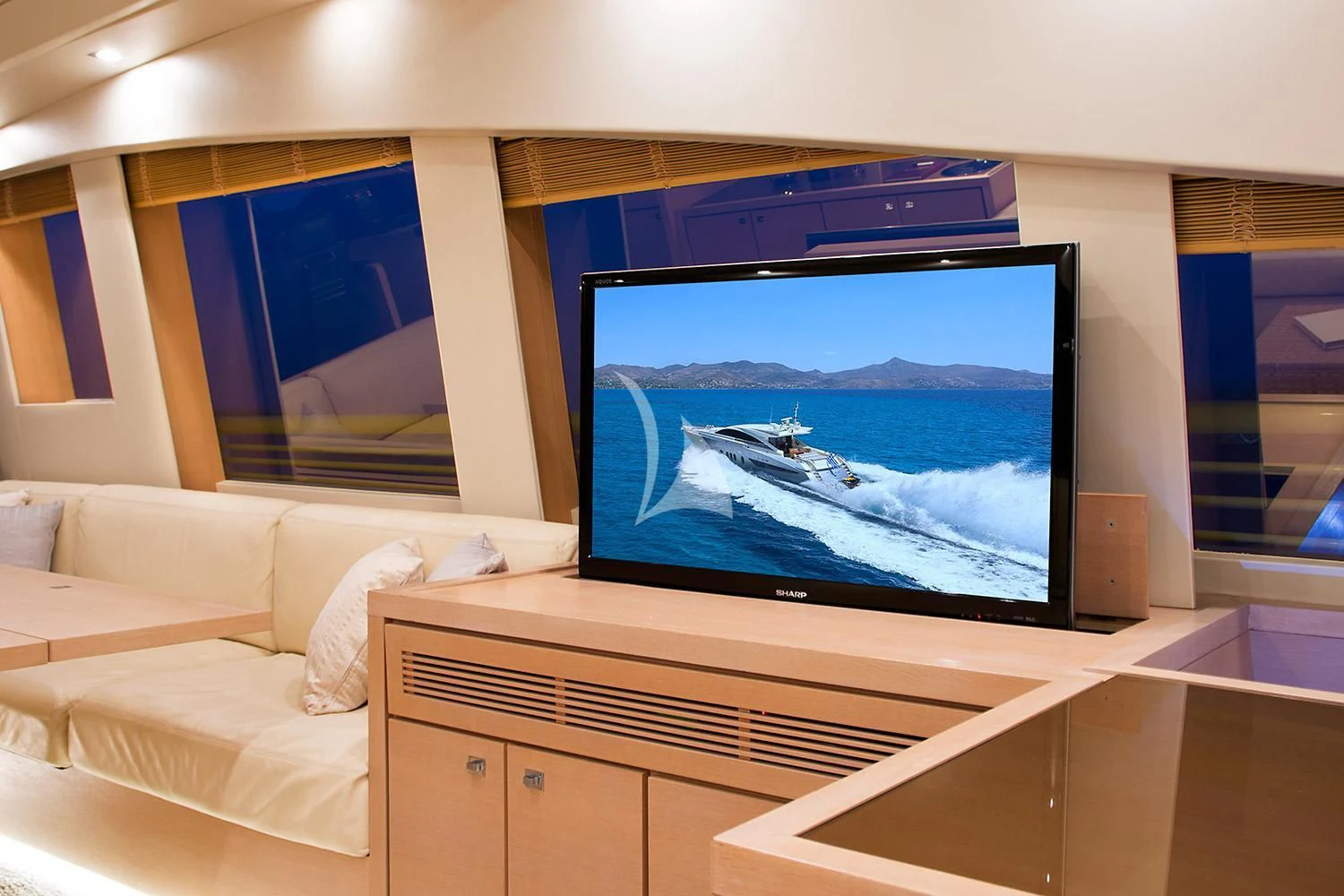 a tv on a stand aboard SUN ANEMOS Yacht for Charter
