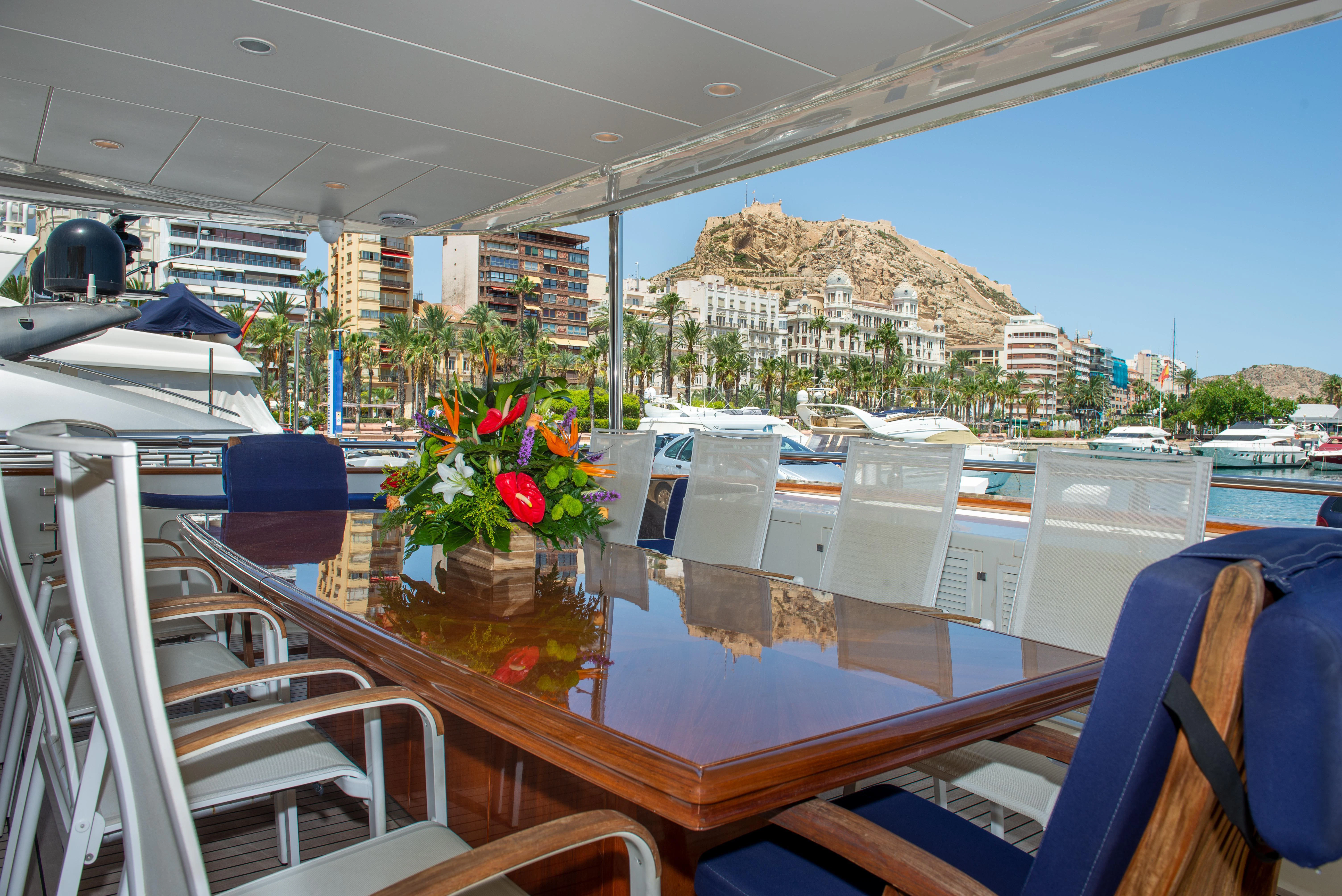a balcony with a view of a city and water aboard LADY SARYA Yacht for Sale