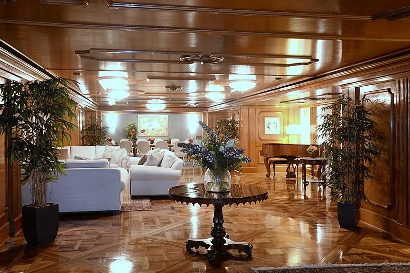 a living room with a large window aboard LADY SARYA Yacht for Sale