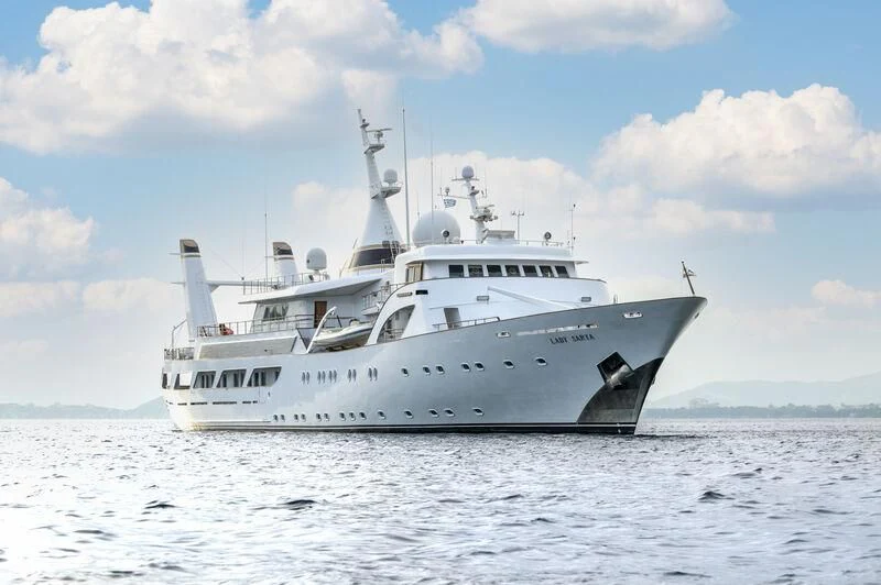 a large white boat in the water aboard LADY SARYA Yacht for Sale