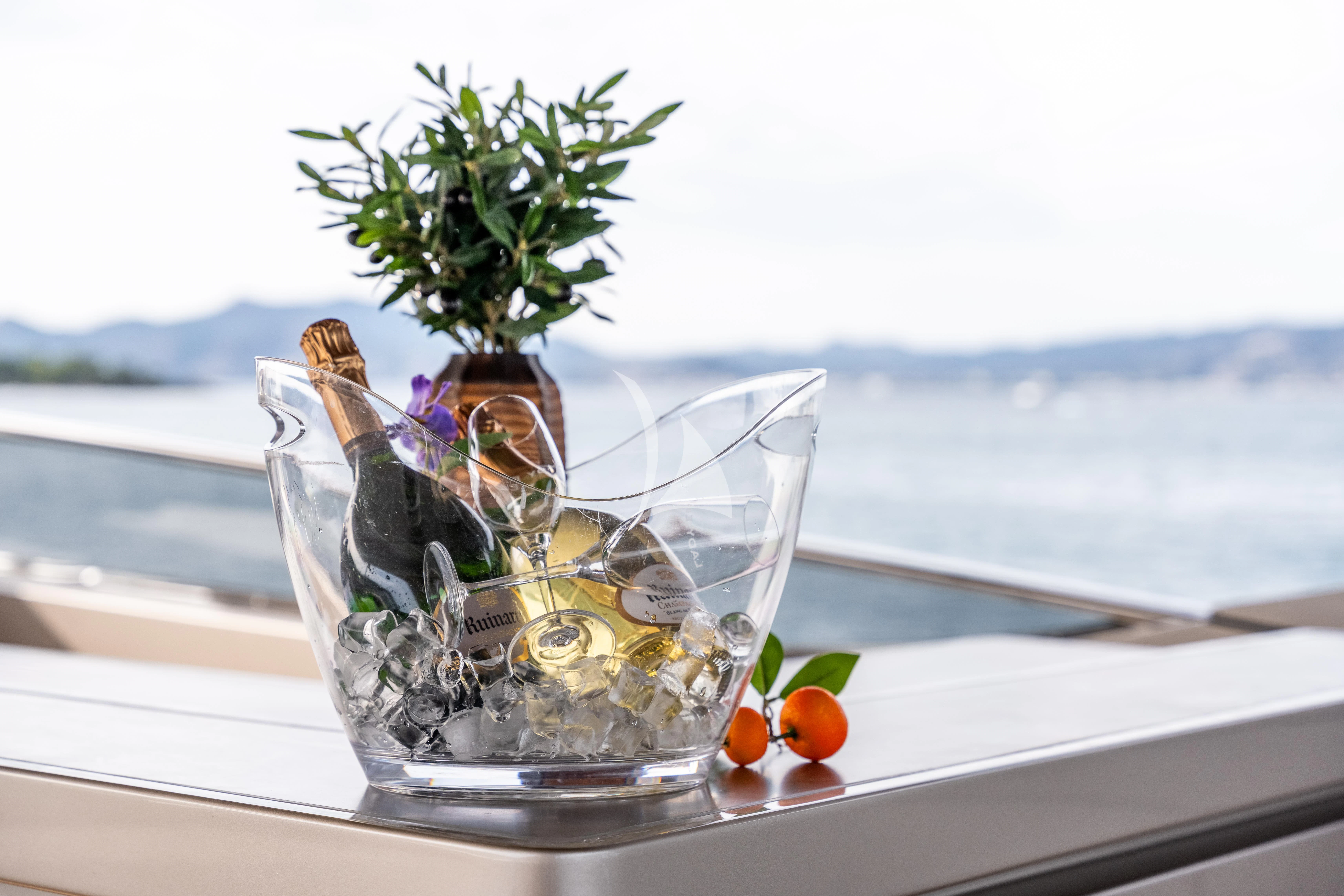 a glass with ice and fruit on a window sill aboard THE PALM Yacht for Sale