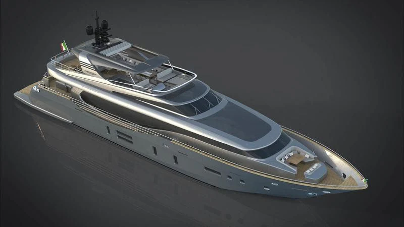 a white boat with a black background aboard THE PALM Yacht for Sale