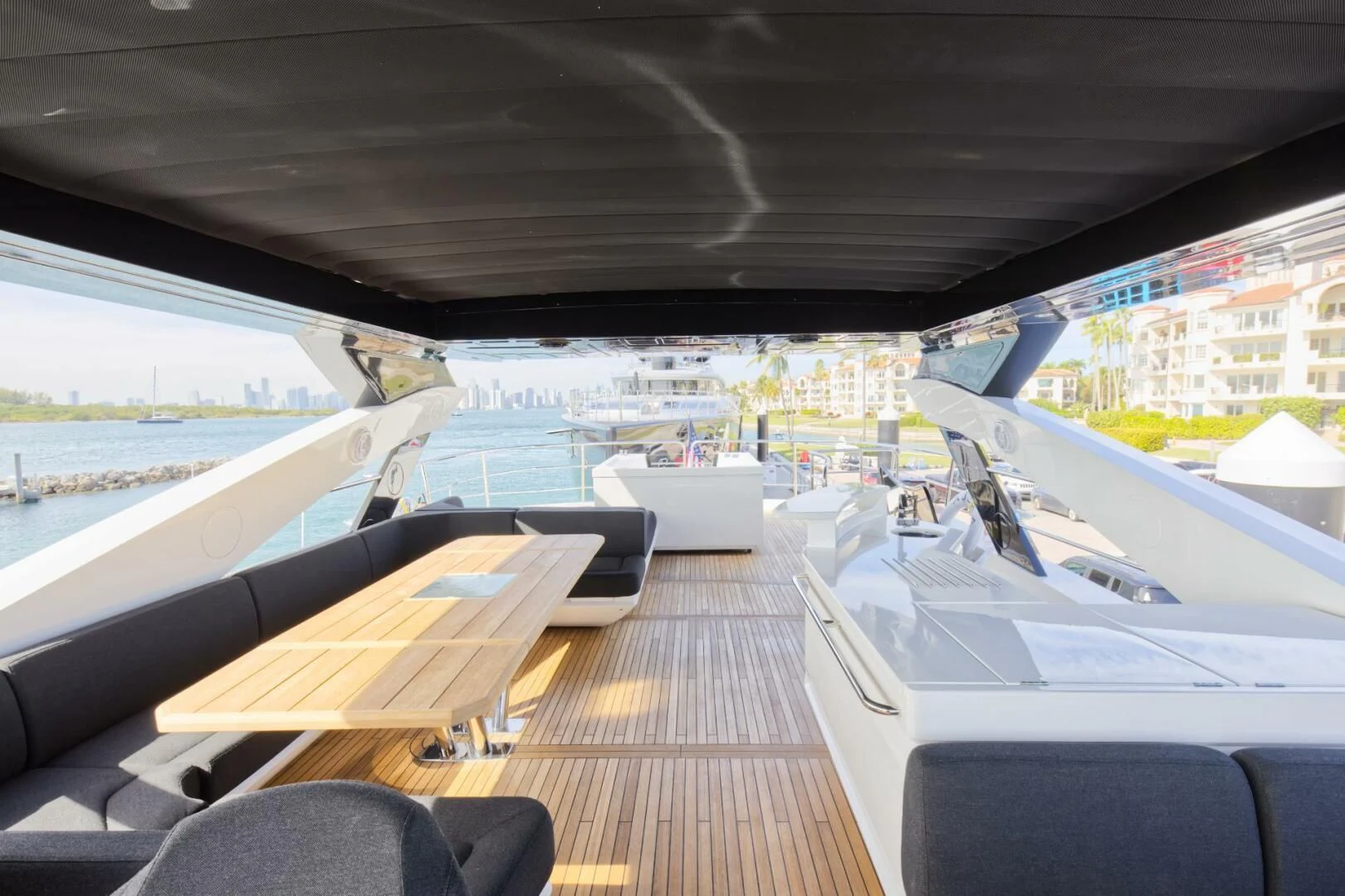 a deck with a view of the water and the deck aboard ALEXA Yacht for Sale