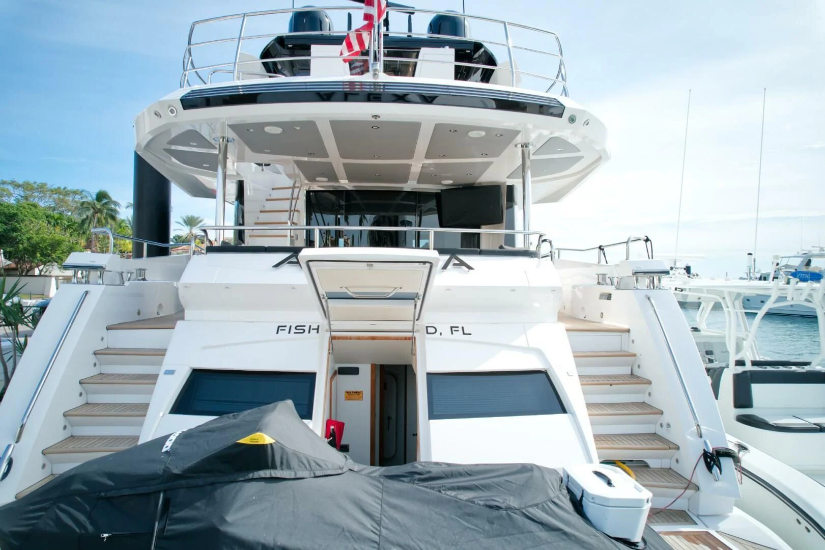 a boat with a tarp on it aboard ALEXA Yacht for Sale