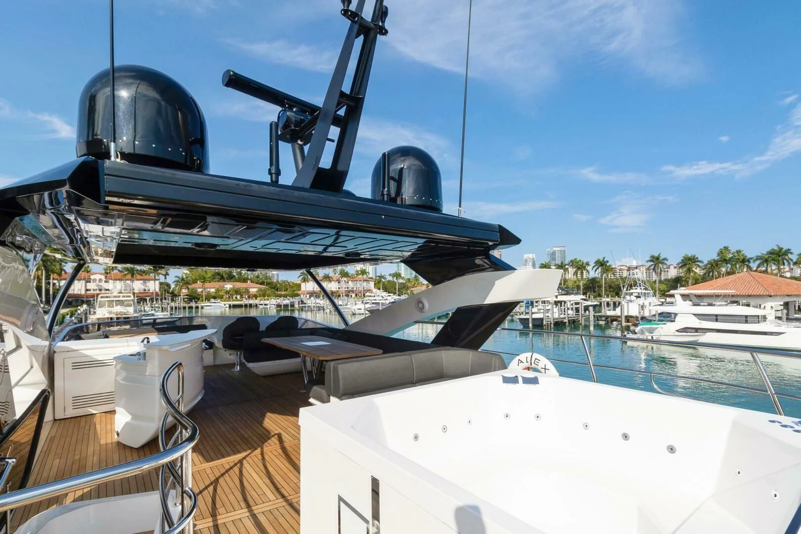 a large satellite dish on a boat aboard ALEXA Yacht for Sale
