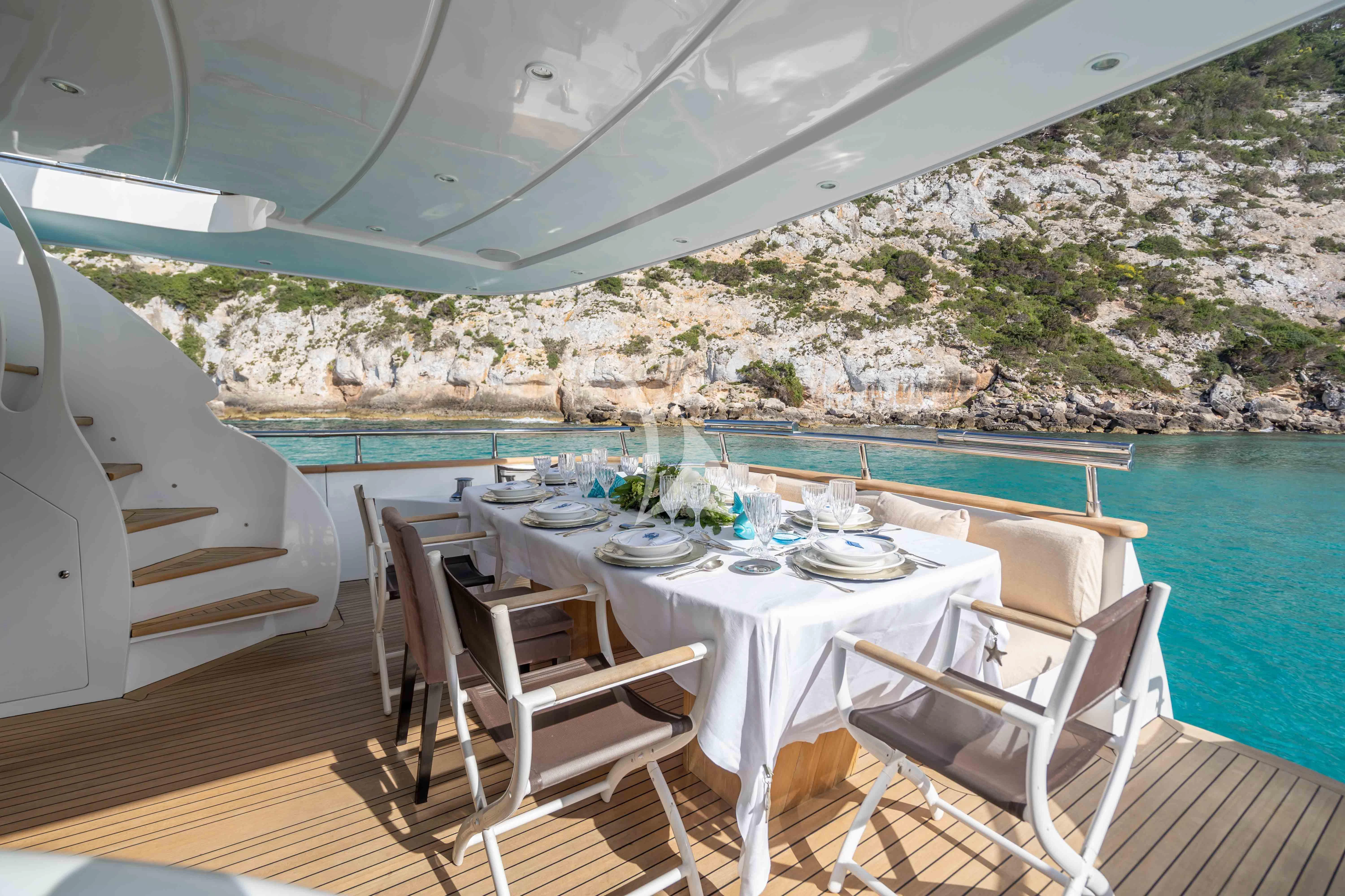 a table set for a meal on a balcony overlooking a body of water aboard LEX Yacht for Sale