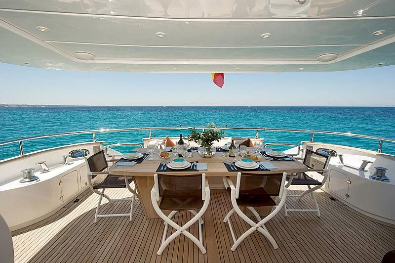 a table set for a meal on a deck overlooking the ocean aboard LEX Yacht for Sale