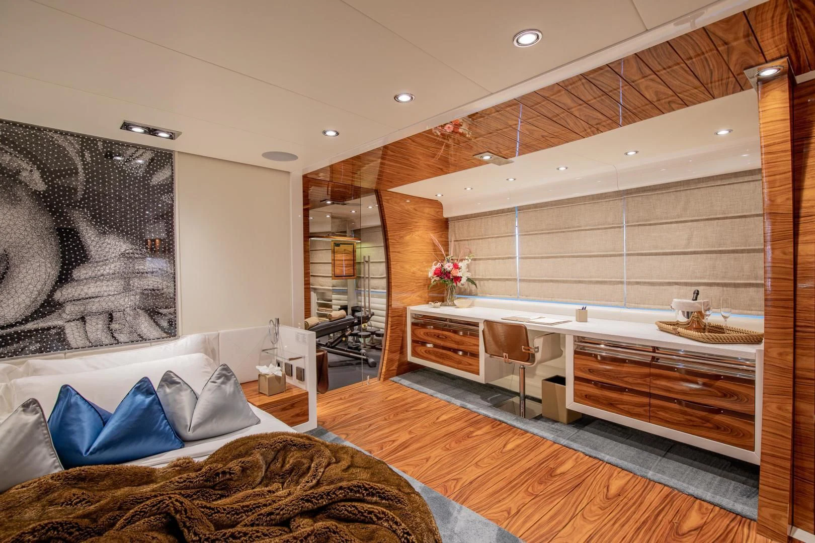 a modern bedroom with a large bed aboard HATT MILL Yacht for Sale
