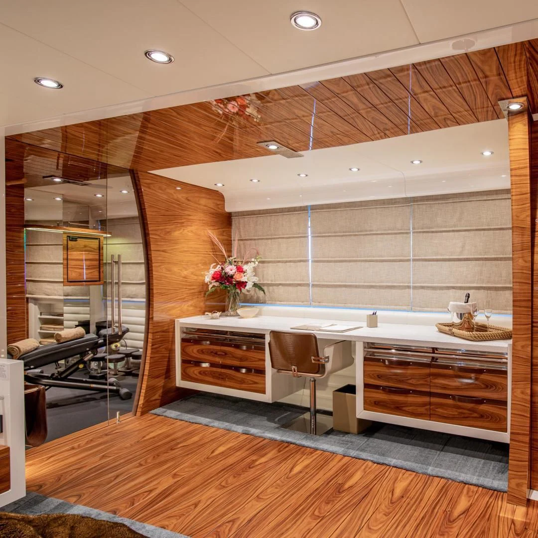 a modern bathroom with a large glass shower aboard HATT MILL Yacht for Sale