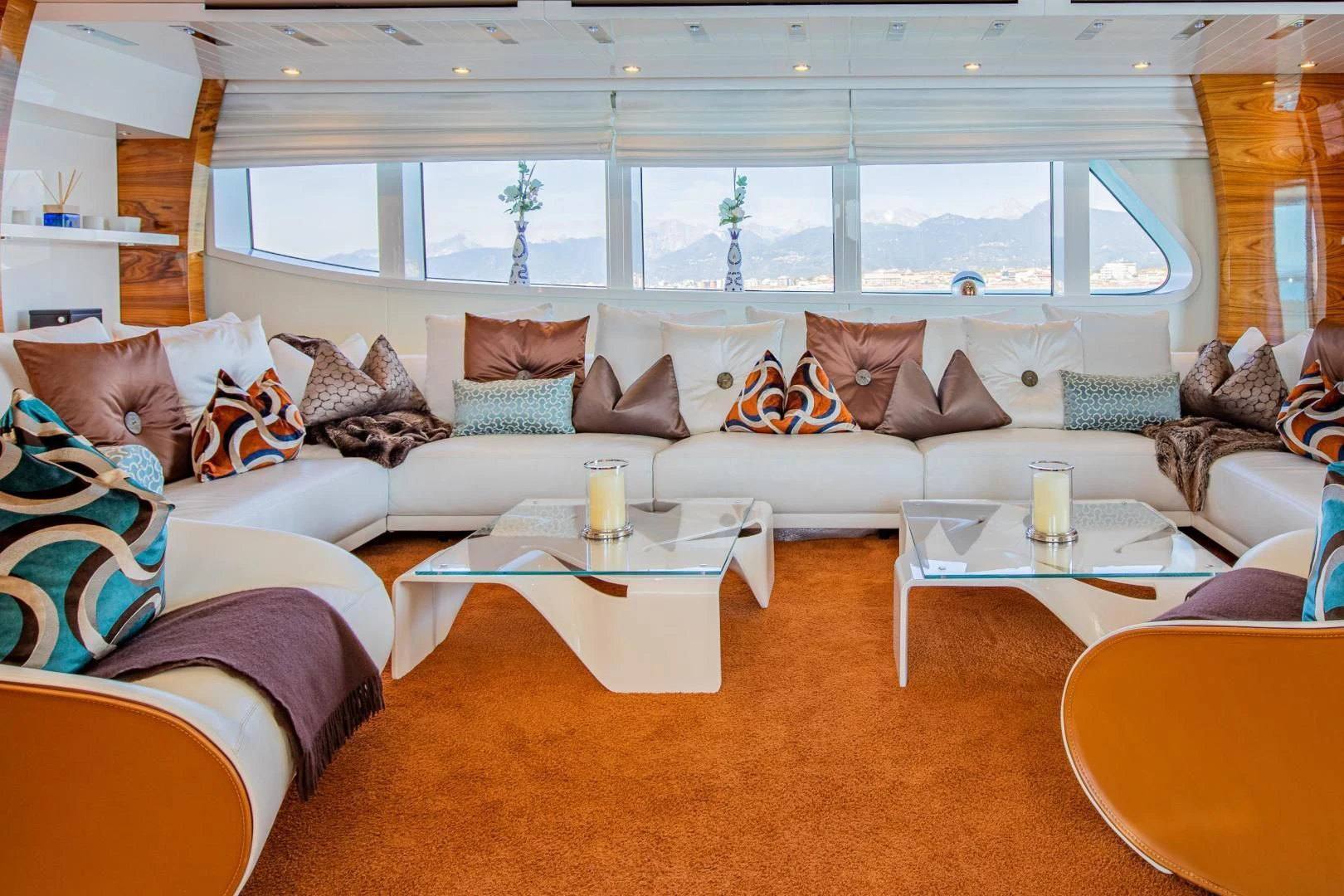 a living room with a couch and a coffee table aboard HATT MILL Yacht for Sale