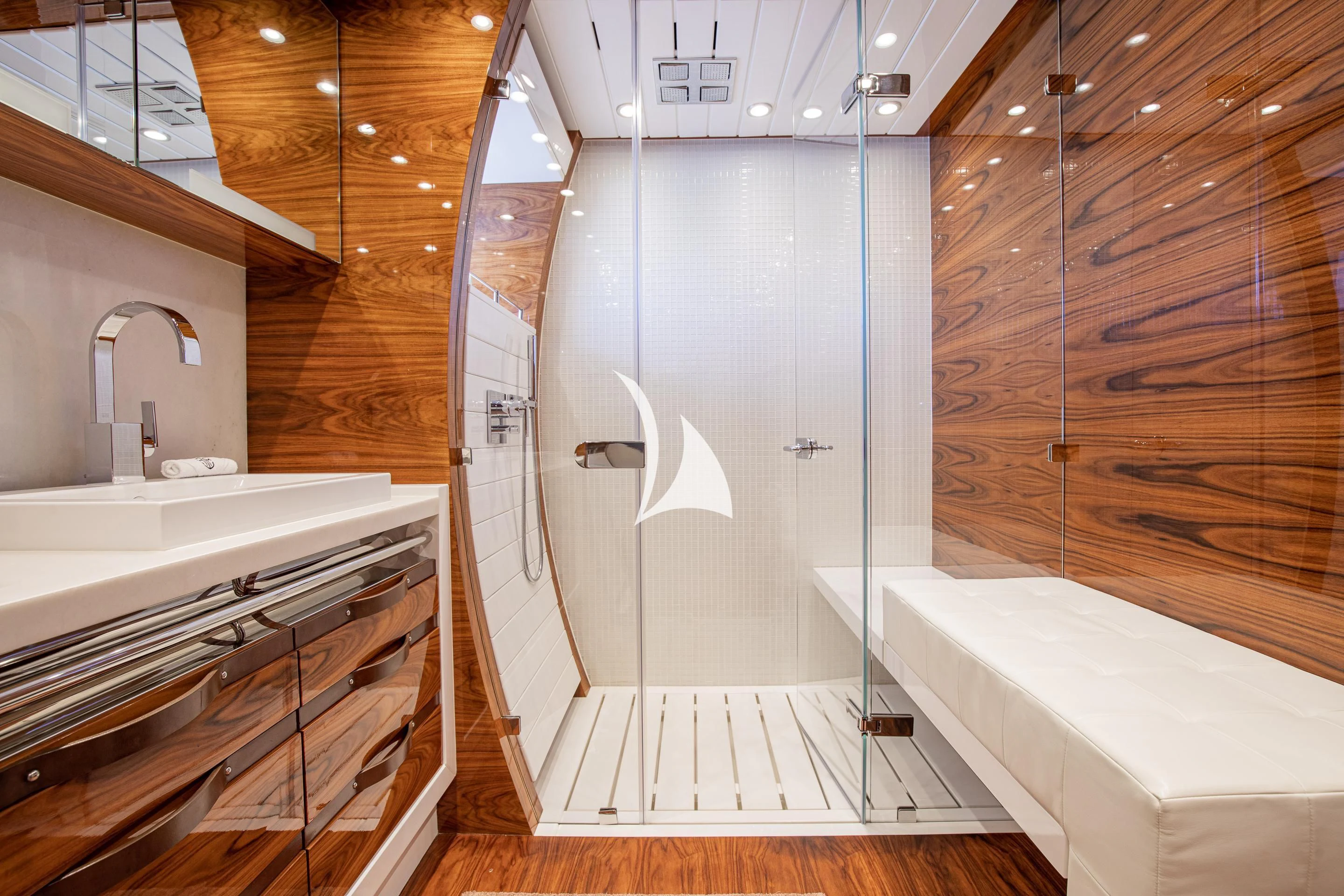a bathroom with a shower and sink aboard HATT MILL Yacht for Sale