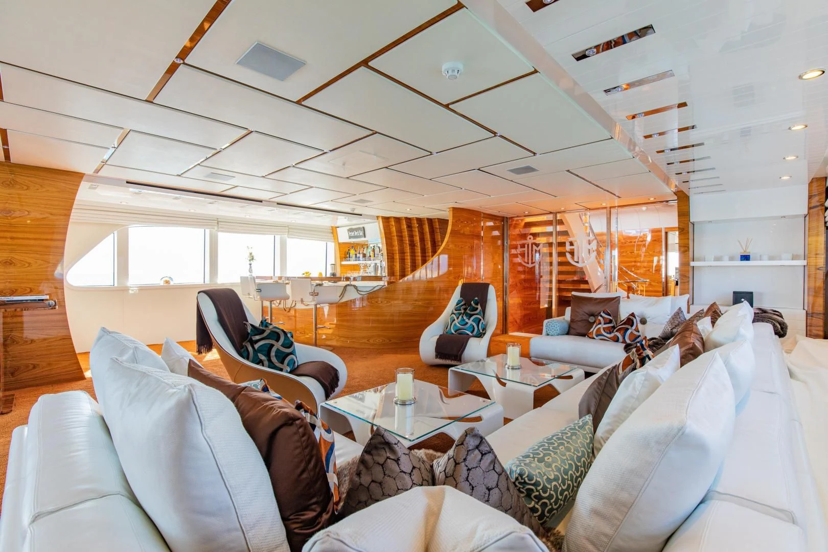 a living room with a large window aboard HATT MILL Yacht for Sale