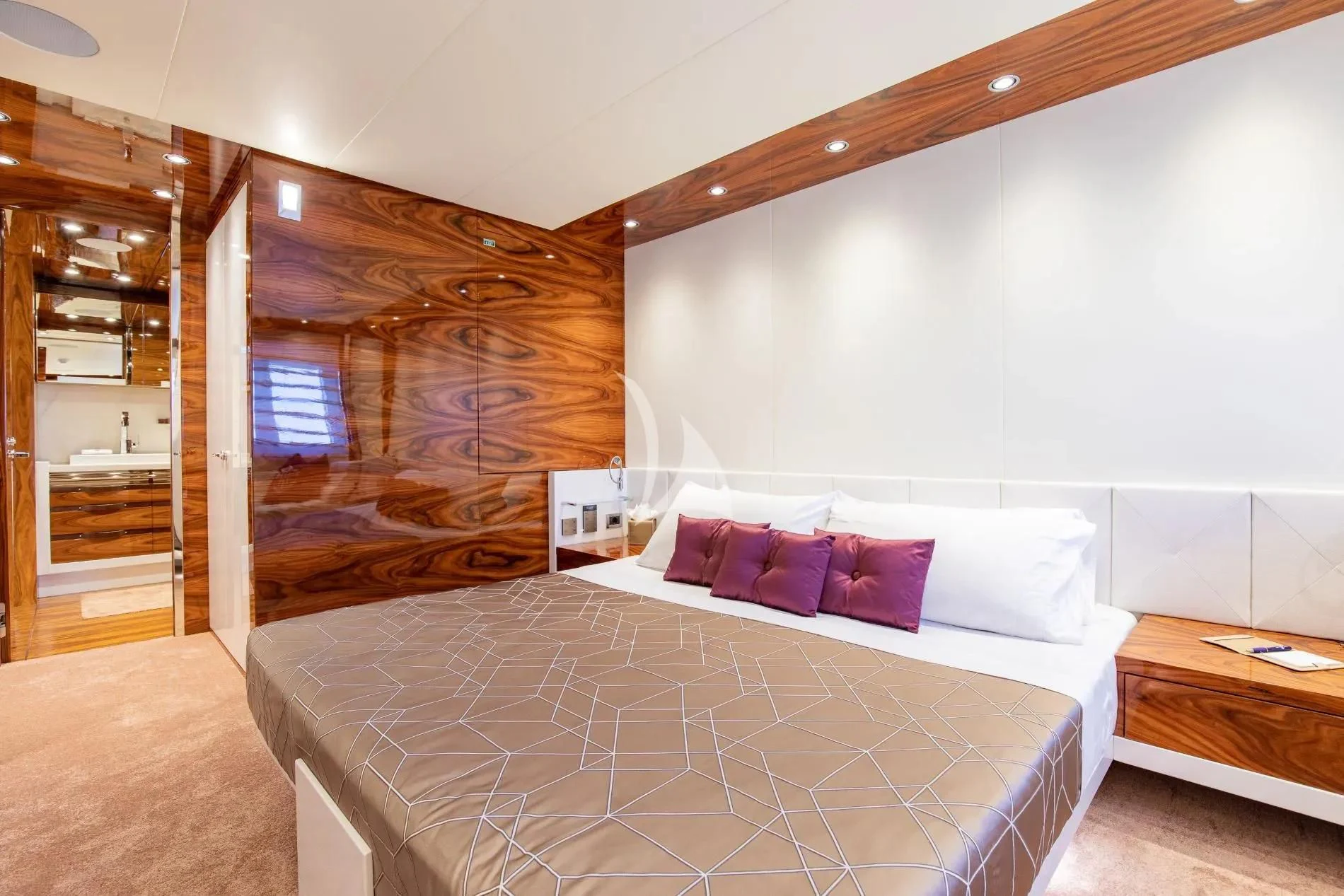 a bed in a room aboard HATT MILL Yacht for Sale