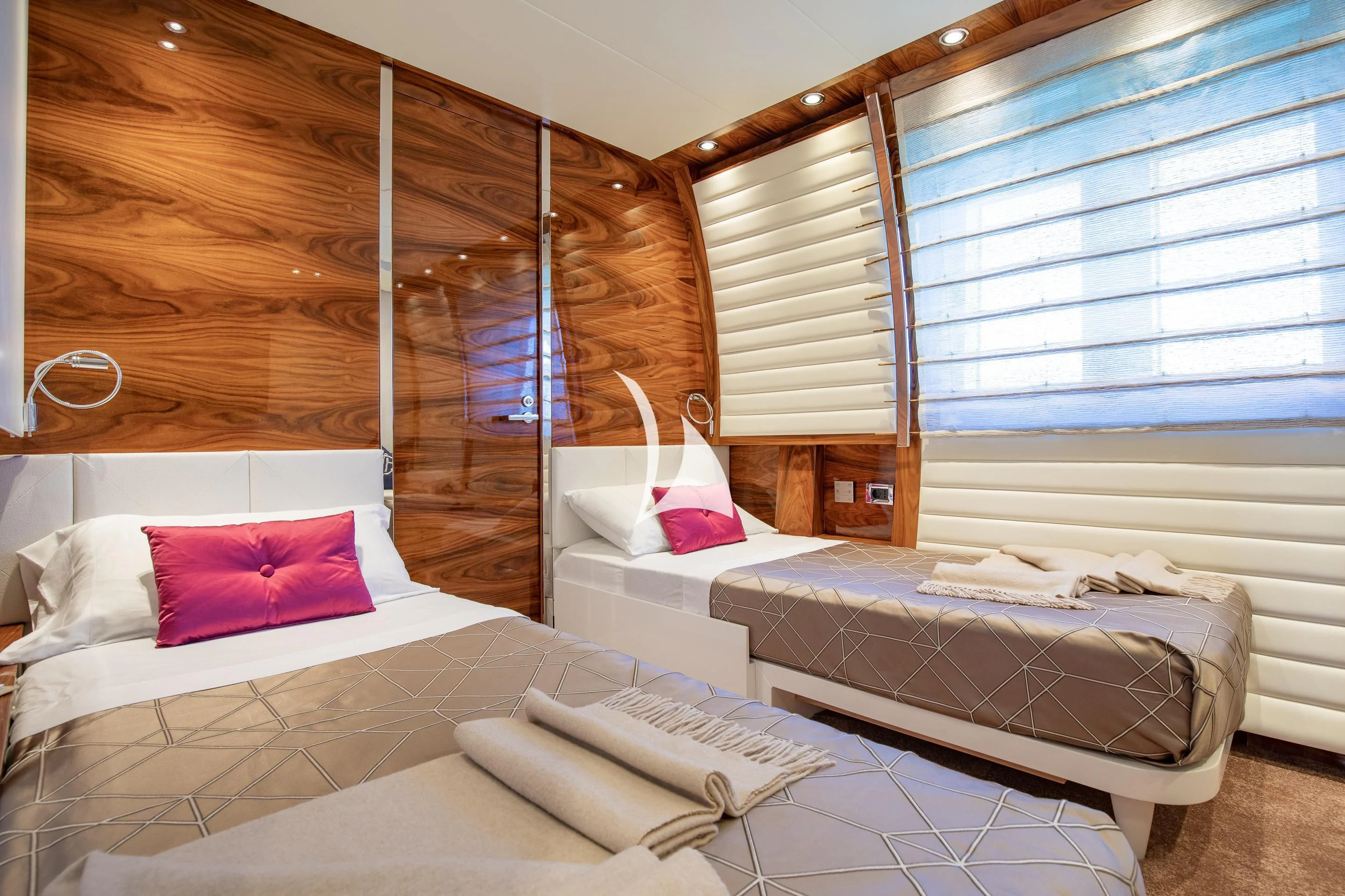 a room with two beds aboard HATT MILL Yacht for Sale