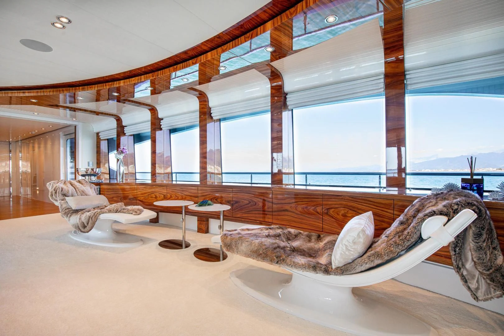 a large room with a large bed aboard HATT MILL Yacht for Sale