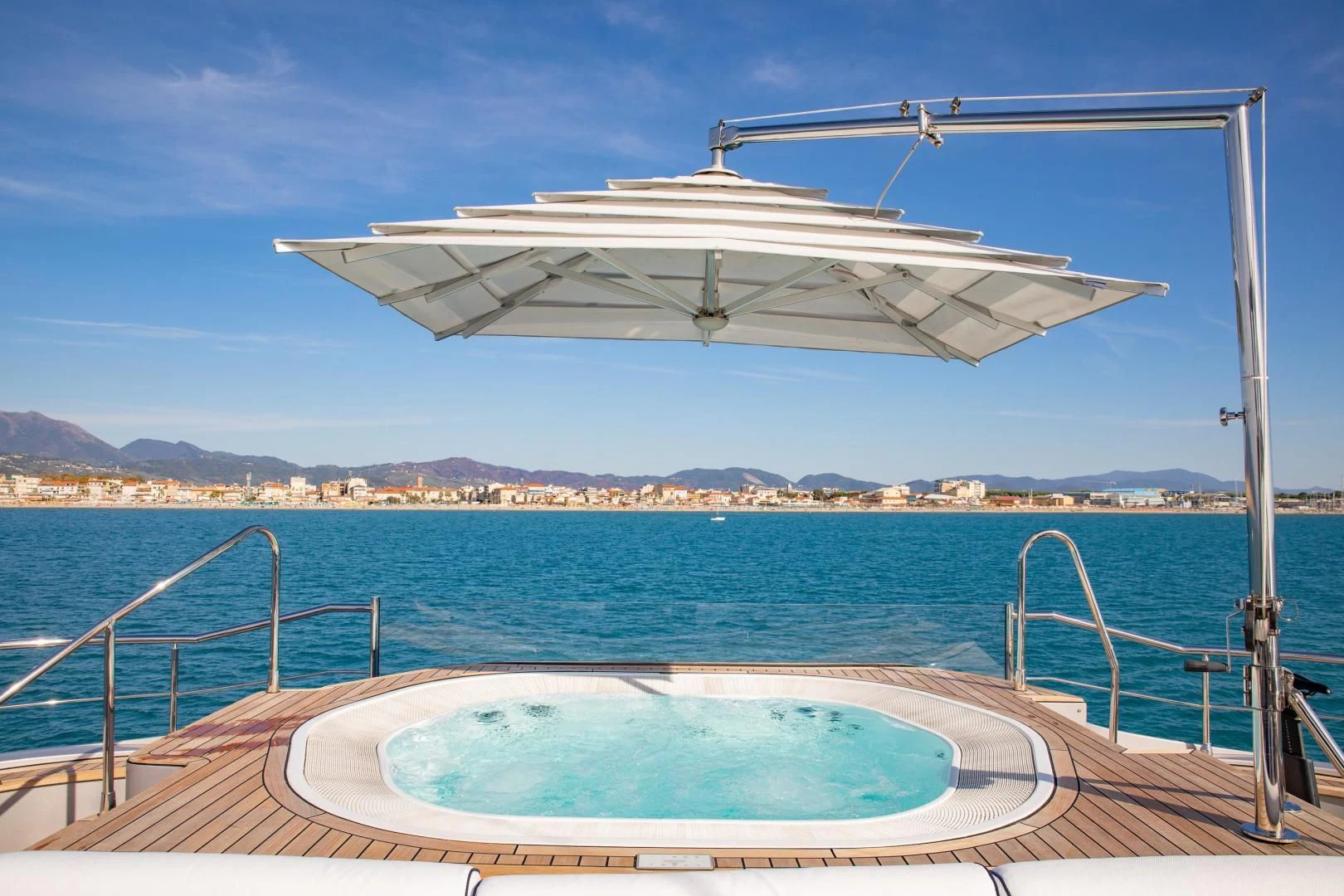 a large white trampoline on a boat in the water aboard HATT MILL Yacht for Sale
